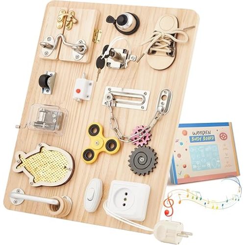 Wooden Montessori Large Busy Board for 1 2 3 4 Year Old, Sensory Activity Busy Board for Toddler Kids Baby Boys Girls, Travel Educational Toy for ADHD & Autistic Children