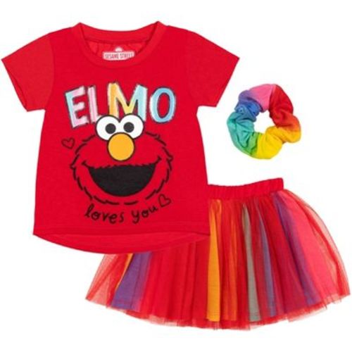 Sesame Street Elmo Infant Baby Girls Graphic T-Shirt Mesh Skirt and Scrunchie 3 Piece Outfit Set Red/Rainbow 12 Months