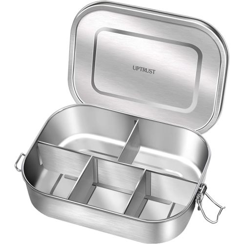 UPTRUST Stainless Steel Bento Lunch Food Box Container, 5-Compartment Large 1400ML Metal Bento Lunch Box Container for Kids or Adults with Lockable Clips to Leak Proof