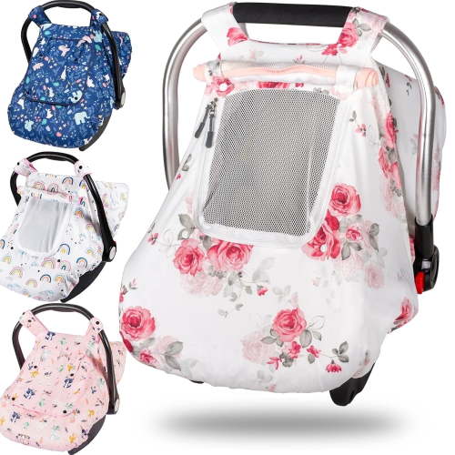 Beavtaens 3-in-1 Baby Car Seat Cover, Winter Carseat Canopy, Soft and Breathable (Pink Flower)