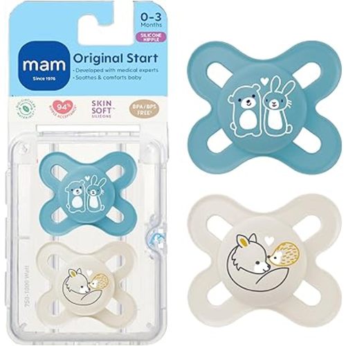 MAM Original Start Matte Baby Pacifiers, Binky for 0-3 Months, BPA-Free Silicone Nipple, Easy to Clean, Best for Newborn Babies, Developed with Medical Experts, 2 Count Binkies with Sterilizer Case