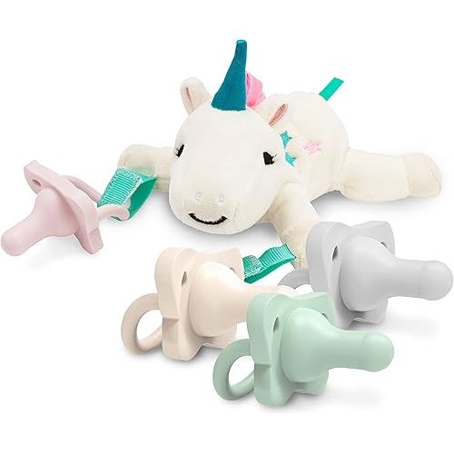 Dr. Brown’s HappyPaci 100% Silicone Baby Pacifier 0-6m, BPA Free 4-Pack with Lovey Soft Plush Animal Teether Holder, Unicorn
