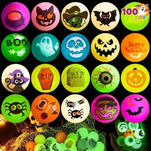 Joyfy Halloween Party Favors 100 Pcs Glow in The Dark Bouncing Ball Toys For Halloween Kids Gift Goodie Bag Fillers Decor Classroom Game Prizes
