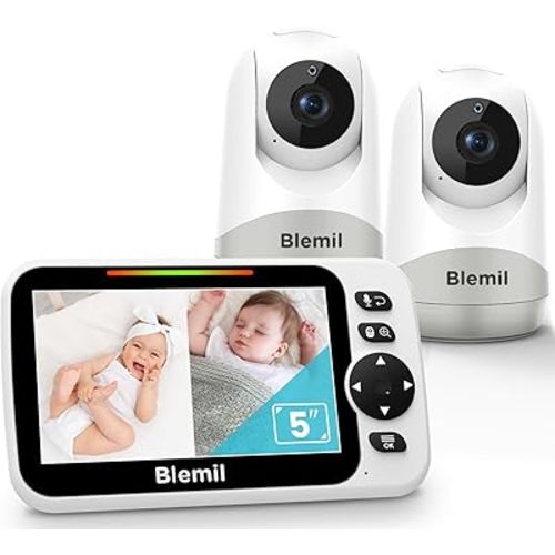 Blemil Upgrade Baby Monitor with 30-Hour Battery, 5" Large Split-Screen Video Baby Monitor with 2 Cameras and Audio, Remote Pan/Tilt/Zoom, Two-Way Talk, Room Temperature, Night Vision, 1000ft Range