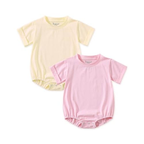 Jimonda Baby Bubble Romper Boy Girl Solid Color T-Shirt Outfits Short Sleeve Bodysuit Organic Cotton 2Pcs