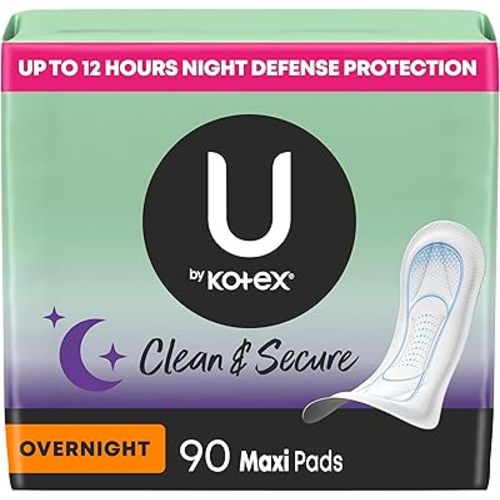 U by Kotex Clean & Secure Overnight Maxi Pads, 90 Count (3 Packs of 30) (Packaging May Vary)