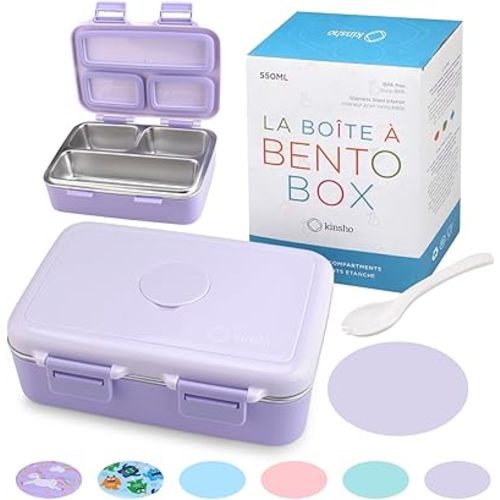 Small Stainless Steel Lunch Box for Baby Toddlers Girls, Mini Bento, 3 Eco Metal Portion Sections Leakproof Lid, Pre-School Daycare Lunches, Toddler Spill-Proof Snack Container, 18 oz/550 mL Purple