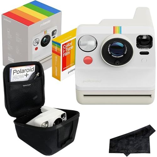 Polaroid Now 3rd Generation i-Type Instant Film Camera with 16 Color Film Photos, Pebble White, with Signature Series Case Bundle