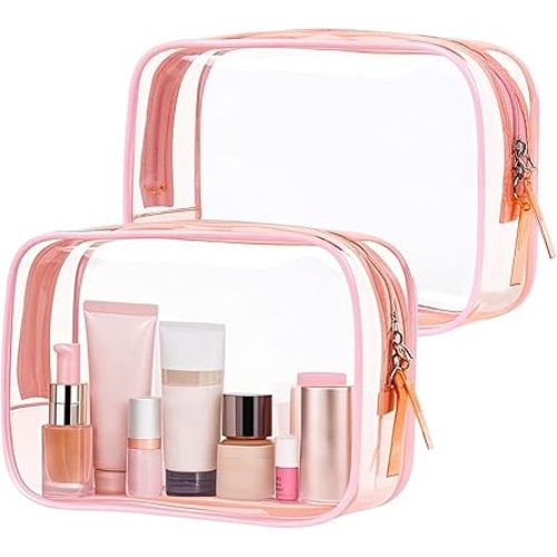 PLULON 2 Pack Travel Toiletry Bag, TSA Approved Toiletry Bag Clear Makeup Bag Quart Size Portable Cosmetic Bags Carry on Travel Accessories Bag for Women Men - Pink