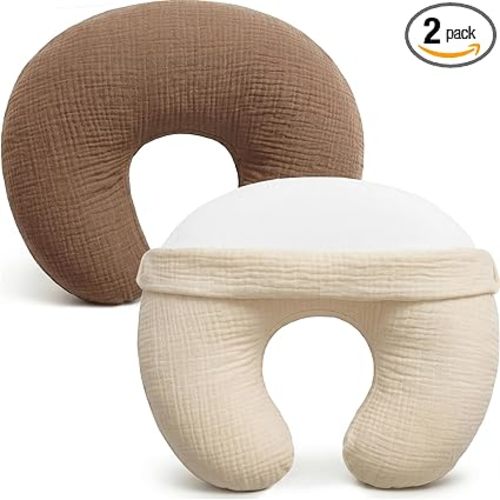 Pro Goleem Muslin Nursing Pillow Cover, 100% Cotton Soft Breathable Feeding Pillow Slipcover for Breastfeeding Moms, Fits Standard Infant Nursing Pillow, for Boys and Girls, 2 Pack (Brown＆Beige)