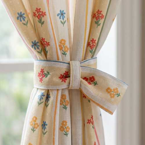 Kids Room Floral Curtains, Colorful Stripe Cotton Curtains, OEKO TEX Nursery Curtains, White Floral Window Drapes, Custom Curtain Panel