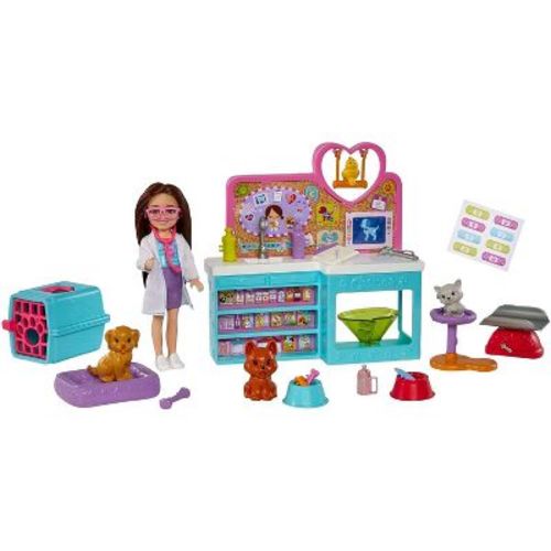 Barbie Chelsea Doll and Accessories, Pet Vet Playset with Doll, 4 Animals and 18 Pieces – HGT12