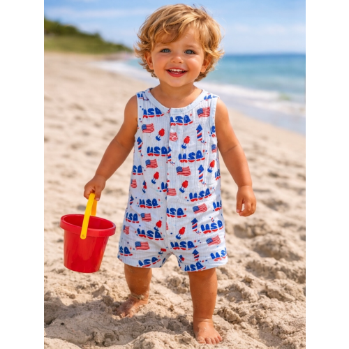 Muslin Shortie Romper, 4th of July Blue
