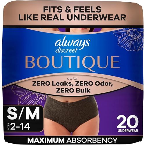 Always Discreet Boutique Incontinence and Postpartum Underwear for Women, Maximum Protection, Small/Medium, Black, 20 Count