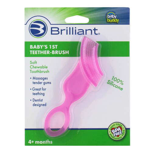 Brilliant Baby's 1st Toothbrush, Baby Teether, BPA-Free Chewable Silicone for Toddler, Pink, 1 Ct