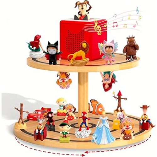 Large Tonie Shelf for Toniebox - Round Rotating Tonies Box Organizer for All Your Tonie Accessories, 360° Spinning Turntable 2-Tier Tonies Magnetic Shelf, Toniebox Characters and Display Collection