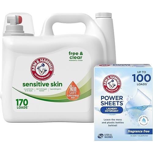 Bundle of ARM & HAMMER Sensitive Skin Free Clear, 170 Loads Liquid Laundry Detergent, 170 Fl oz + Arm & Hammer Power Sheets Laundry Detergent, Fragrance Free 50ct, up to 100 Small Loads