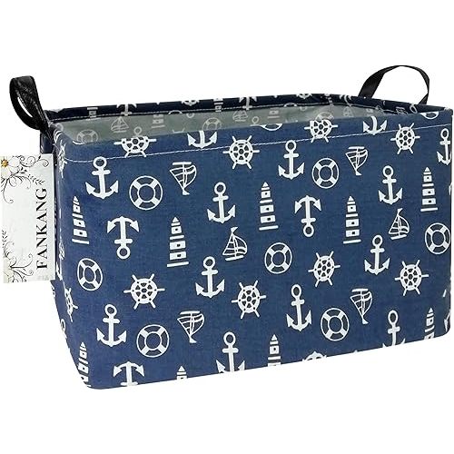 FANKANG Storage Basket,Nursery Hamper Canvas Laundry Basket Foldable with Waterproof PE Coating Storage, Office, Bedroom, Clothes,Toys (Rec-Sailboat)