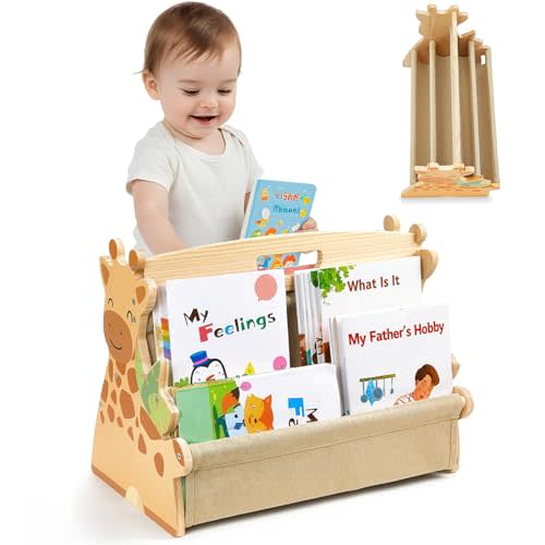 SheSeek Toddler Bookshelf Double-Sided with 4 Tier Deep Sleeves Kids Wooden Montessori Book Rack for Baby Nursery Room, Playroom, Classroom or Bedroom Bookcase Storage Organizer, Light Wood Giraffe