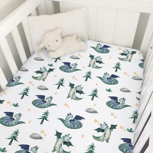 Cartoon Fairy Tale Dragon Trees Stars Baby Crib Sheets 52''x28'' Watercolor Dragons Stretchy Fitted Crib Mattress Cover for Boy Girl Soft Bed Sheet for Standard Crib and Toddler Mattress