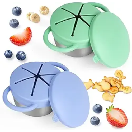 2 Pack Snack Cups for Toddlers Spill Proof - Detachable Stainless Steel Toddler Snack Cups with Silicone Lids & Handles - Dishwasher Safe Snack Container for Mess-Free Snacking（Blue-purple and Green)
