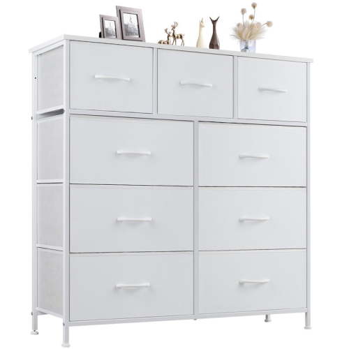 JIOABL 9 Drawer Chest Organizer with Fabric Bins, Dresser for Bedroom, Tall Steel Frame, White