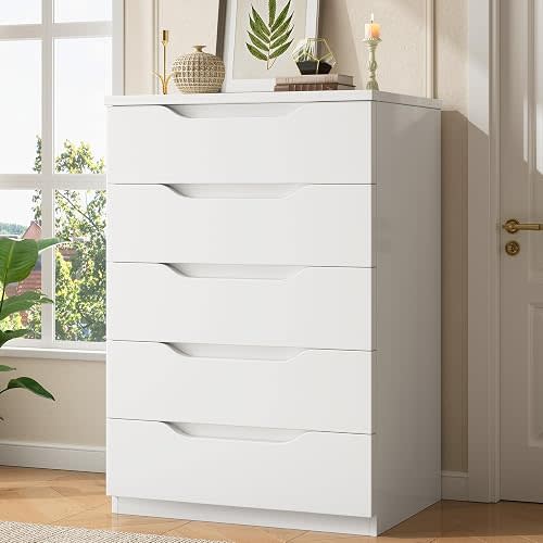 Jocoevol Cómoda blanca de 5 cajones para dormitorio, cómoda alta y moderna