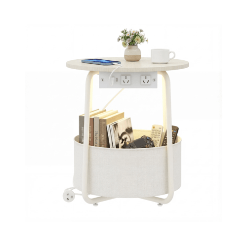 Advwin  Small Round Side Table with Charging Station Nightstand with Fabric Basket - Beige