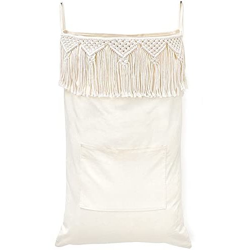 Mkono Macrame Hanging Laundry Hamper with Over The Door Hooks Saving Space Laundry Bag with Zipper and Wide Open Top Boho Decor Hanging Dorm Dirty Clothes Basket, for Bathroom Dorm Home Travel
