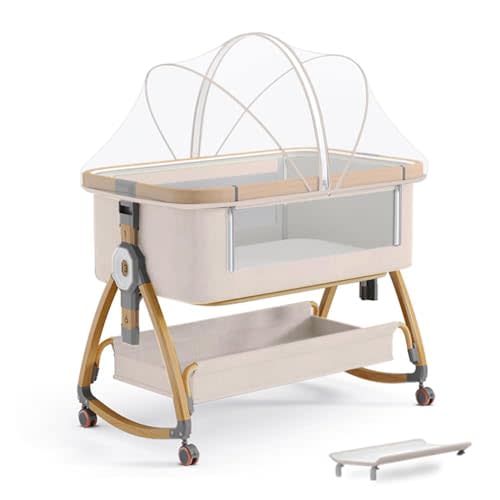 bonbay Baby Bassinet, Bedside Bassinet for Baby, 4 in 1 Portable Bassinet Bedside Sleeper with Wheels Mosquito Net & Storage Basket, 6 Height Adjustable Rocking Bassinet for Newborn Baby