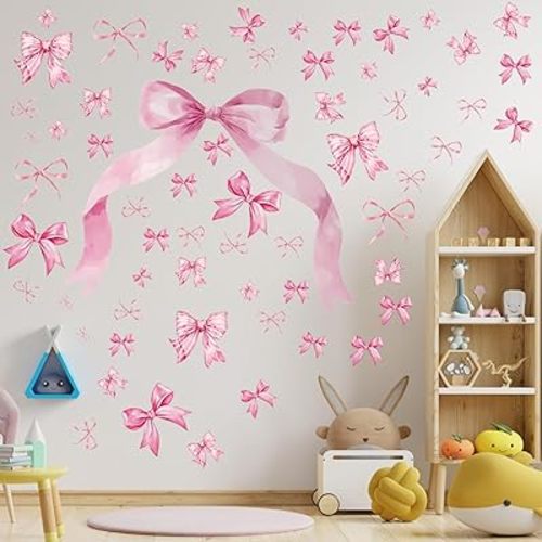 70 Pcs Large Pink Bow Wall Decals, Bow Knot Wall Stickers for Girls Room, Peel and Stick Removable Vinyl Wall Decor for Kids Nursery Bedroom Bathroom Living Room