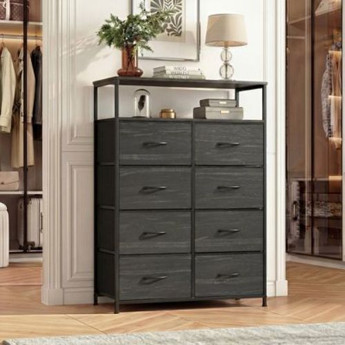 DEXYLLO 8-Drawer Fabric Dresser, Tall Storage Tower for Bedroom, Closet & Living Room, Space-Saving Organizer Unit, Charcoal Black Wood Grain Print