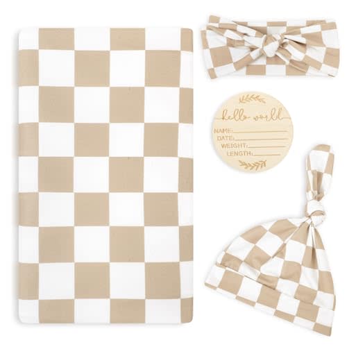 TANOFAR 4-Pack Newborn Swaddle Blanket for Baby Girls & Boys, Ultra Soft Receiving Blankets with Matching Headband and Beanie Set Baby Nursery Swaddle Wrap, Light Brown Checkerboard