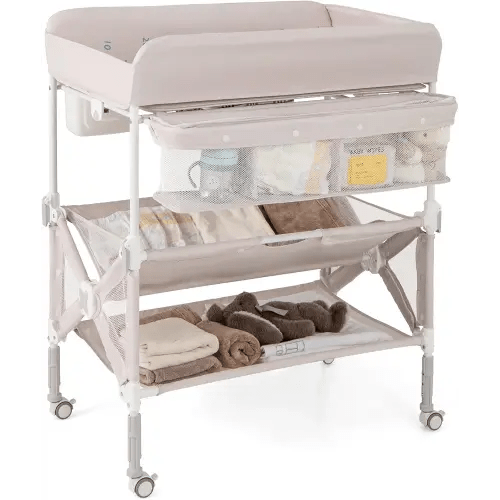 BABY JOY Portable Baby Changing Table, Foldable Waterproof Diaper Changing Station w/Wheels, Adjustable Height, Storage Basket, Shelves & Trash Bin, Mobile Nursery Organizer for Newborn Infant, Beige