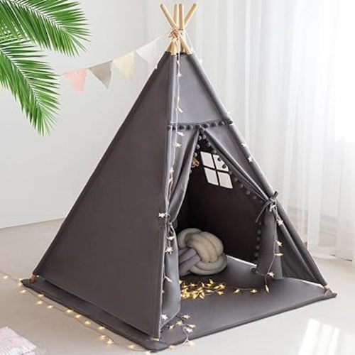 RONGFA Teepee Tent for Kids with Mat, Star Lights, Carry Case, Cotton Canvas Playhouse, Foldable Tents, Portable Children Play Tent Indoor Outdoor(Grey)