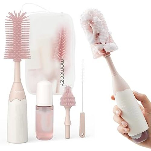 Momcozy Bottle Brush Kit, Innovative Push-Press Design for Better Cleaning - Baby Bottle Cleaner Brush for Baby Bottle, Breast Pumps, Nipples, and More - Can Generate Foam for Better Cleaning, Pink
