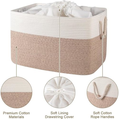 95L Extra Large Blanket Basket with Lid, 24" x 16.9" x 14.2" Woven Storage Basket for Living Room, Rectangle Nursery Blanket Storage for Toys, Towels, Dirty Clothes, Yellow & White