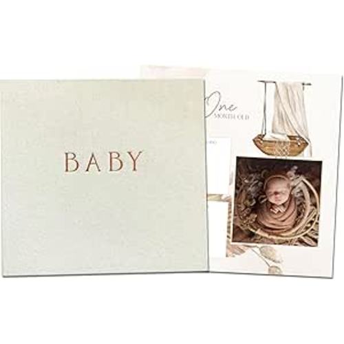 Peachly Unisex Baby Memory Book, Minimalist Baby First Year Keepsake for Milestones, Simple Baby Scrapbook for Boy Girl Milestones, Natural Linen (Haven)