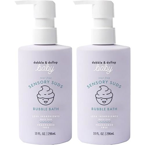 Dabble & Dollop Baby Bubble Bath for Sensitive Skin - Tear-Free & pH-Balanced, EWG-Verified, Fragrance-Free, Long-Lasting Baby Bath Bubbles (10 fl oz, Pack of 2)