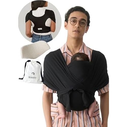 Konny Baby Carrier Flex SoftBreeze with Head Support - Adjustable, Easy to Wear, Hands-Free Breathable Baby Wrap Sling, Perfect for Newborn Babies Essentials up to 44 lbs (XS-XL) - Black