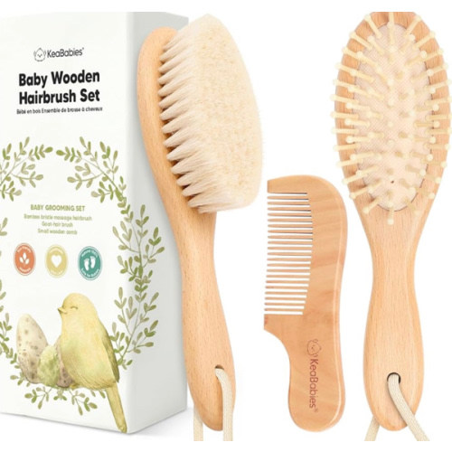 Baby Hair Brush and Comb Set for Newborn - Wooden with Soft Goat Bristle, Newborns Girl, Boy, Toddler Cradle Cap (Oval, Walnut)