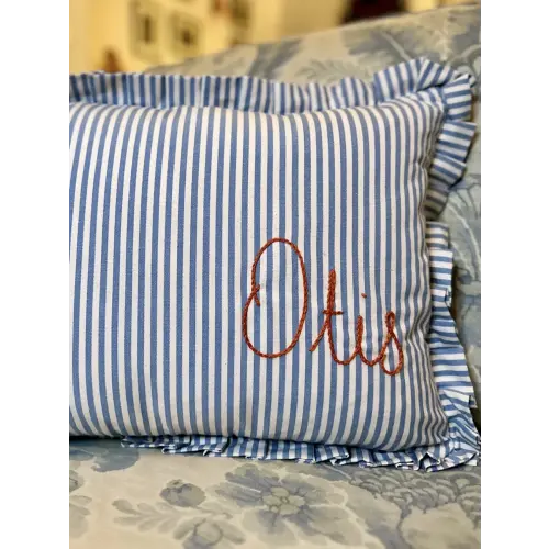Personalised Blue Candy Stripe Cushion With Frill