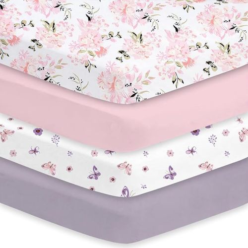 Little Grape Land Crib Sheets Girl 4 Pack, Baby Crib Sheets for Standard Crib & Toddler Mattress, Super Soft Breathable Crib Sheet Set for Girls, Floral & Butterfly