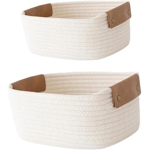 Set of 2 Storage Baskets Natural Cotton Rope Braided Basket,Bathroom Organization Bin with Leather Handle, Storage Rectangular Changing Table Organiser Wicker Basket for Make-Up, Book