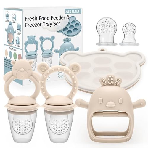 4 Pack Silicone Teething Mitten for Babies with Baby Fruit Food Feeder & Freezer Tray Set, BPA Free Infant Teething Relief Toy for 3 Month+, Additional Silicone Sacs (Bear&Smile Beige)