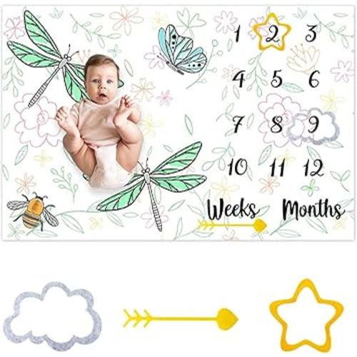 CSFOTO Dragonfly Baby Monthly Milestone Blanket Spring Flowers Butterfly Insects Nature Photography Background Newborn Growth Record Prop Blanket 60 "x40 with Frames
