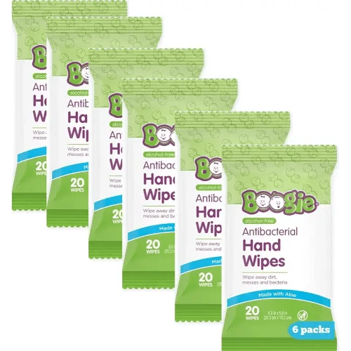 Antibacterial Hand Wipes by Boogie, Alcohol Free, Hypoallergenic and Moisturizing Aloe, Hand Wipes for Kids and Adults, 6 Packs of 20 (120 total wipes)