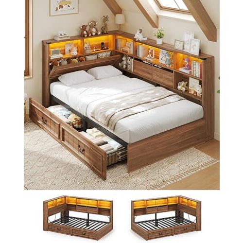 AOGLLATI Twin Corner Bed Frame with Storage Drawers and Bookcase Hidden Headboard, Charging Station and Led Lights, Farmhouse Wood Daybed for Kids Teens, No Box Spring Needed,Wood
