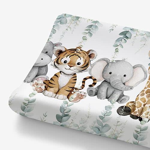 HawSkgFub African Safari Jungle Animals Eucalyptus Leaf Changing Pad Cover Baby Girl Boy, Giraffe Elephant Leopard Lion Zebra Diaper Change Table Sheet Soft Stretchy Safe Snug Fitted Fit 32"/34" x 16"