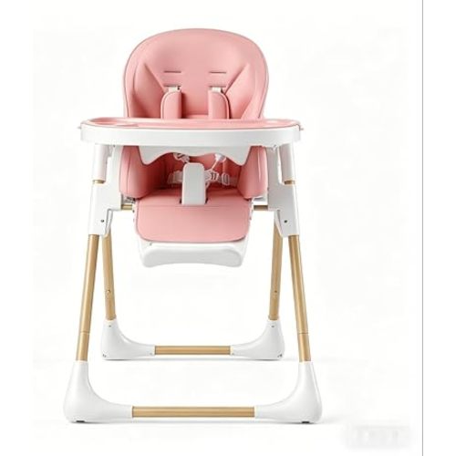 Baby High Chair, Convertible Folding Highchair with Adjustable Heights/Backrest/Footrest, Dishwasher-Safe Tray, 5-Point Harness (Wood Grain Legs + Blush Pink Seat)